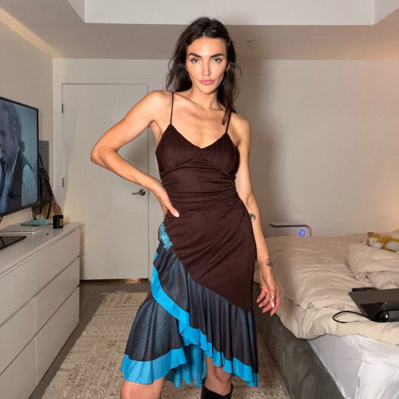 Women's Brown and Blue Dress Y2K for sureeee limited too vibes - Picture 1 of 7